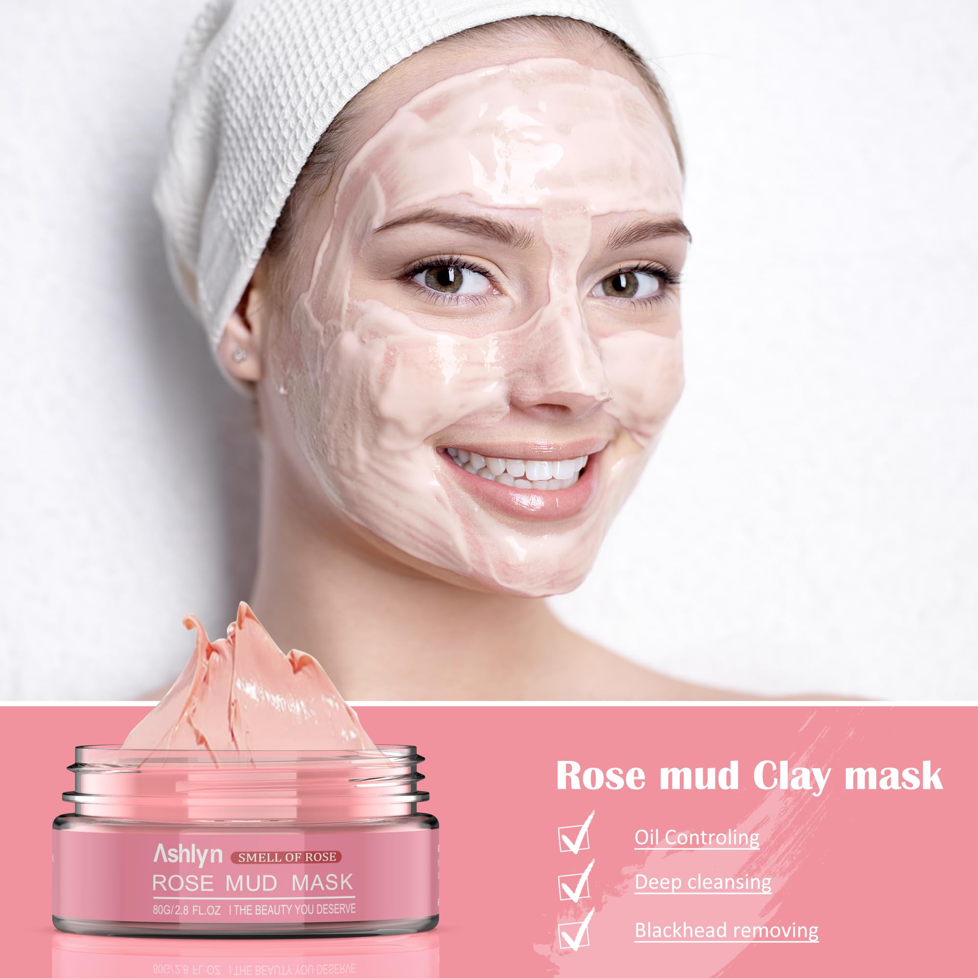 Ashlyn 3 PCS Clay Mask Set, Green Tea Clay Facial Mask, Rose Face
